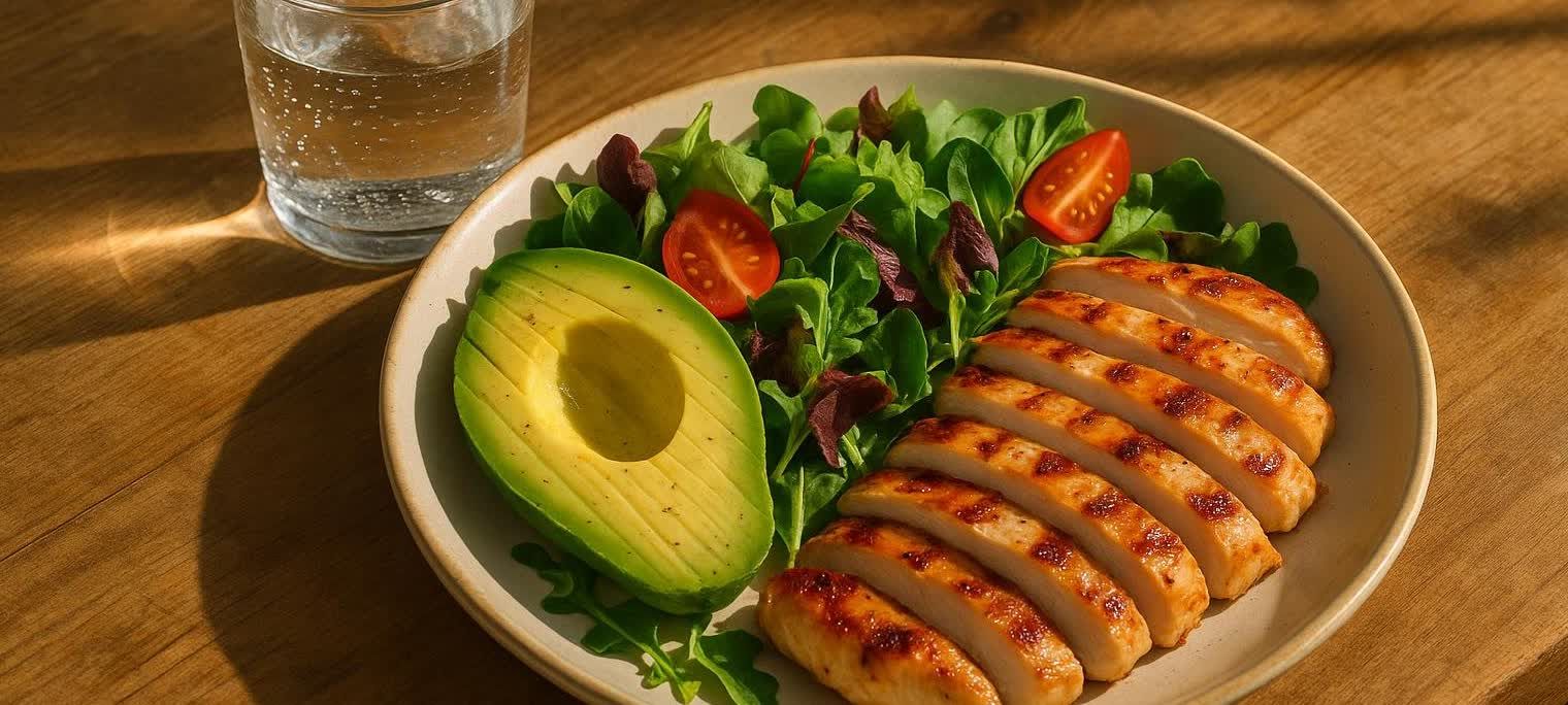 A healthy meal of chicken and greens next to a glass of water