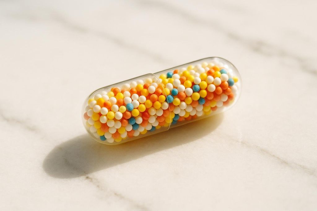 A macro shot of a single clear probiotic capsule filled with small, colorful beads in shades of white, yellow, orange, and blue, lying on a white marble surface.