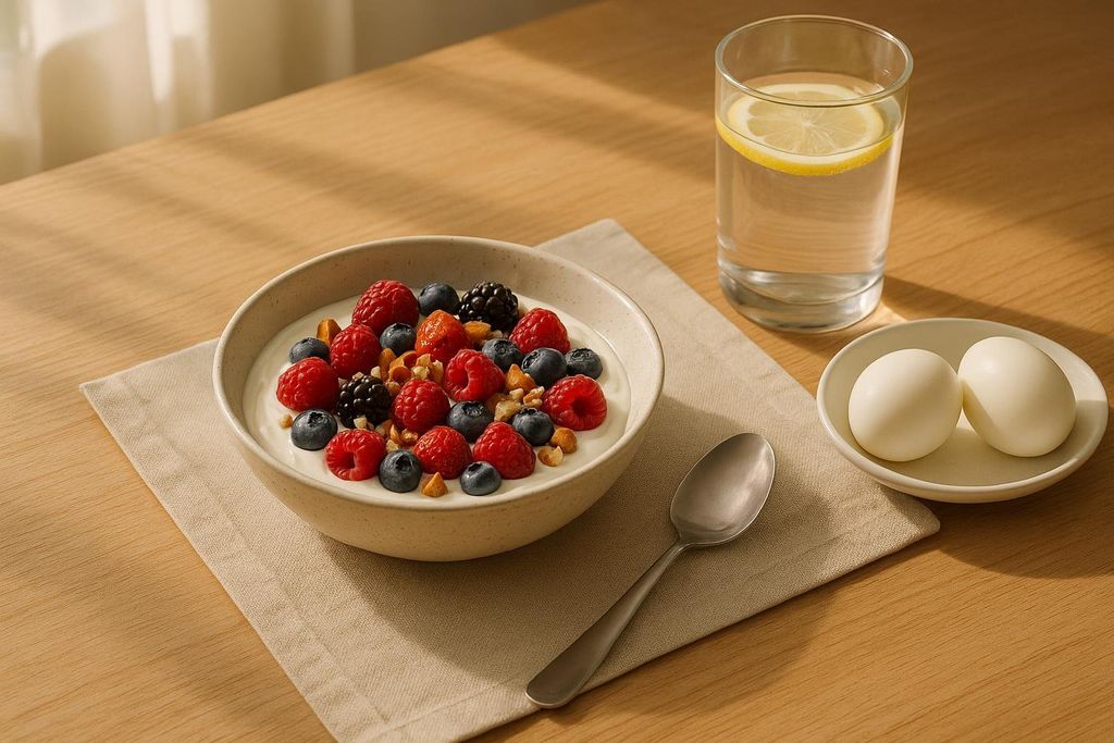 A healthy, high-protein breakfast with yogurt, mixed berries, nuts, and two hard-boiled eggs, along with a glass of water with lemon.