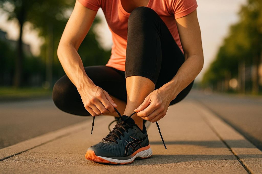 A woman crouches down on a sidewalk to tie the laces of her running shoe, which is dark grey with orange accents. She is wearing black capri-length leggings and a coral t-shirt, preparing for a run or workout.