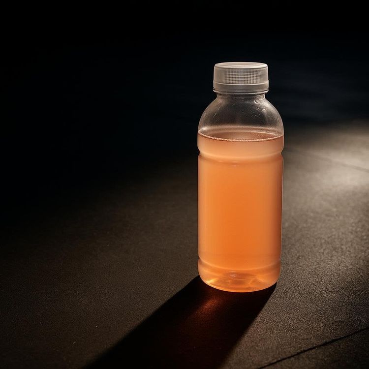 A clear bottle of orange-tinted protein water sits on a dark gym floor, illuminated by a single spotlight revealing its shadow.