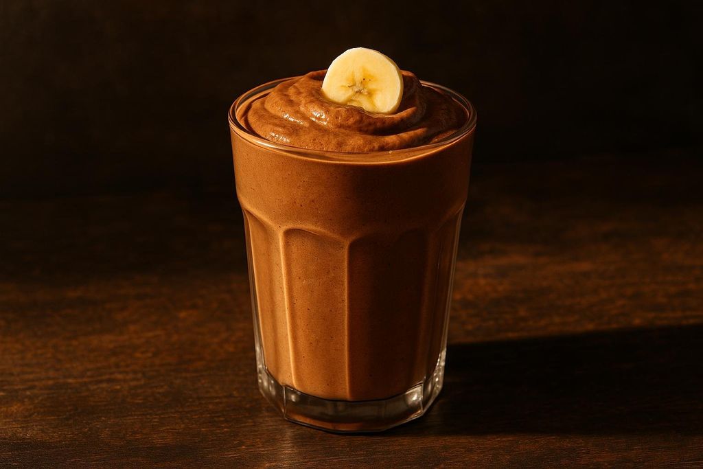 A thick chocolate peanut butter protein shake in a clear glass, topped with a single slice of banana. The shake has a rich brown color and a creamy, swirled texture on top. The glass sits on a dark wooden surface, with a dark background providing contrast.