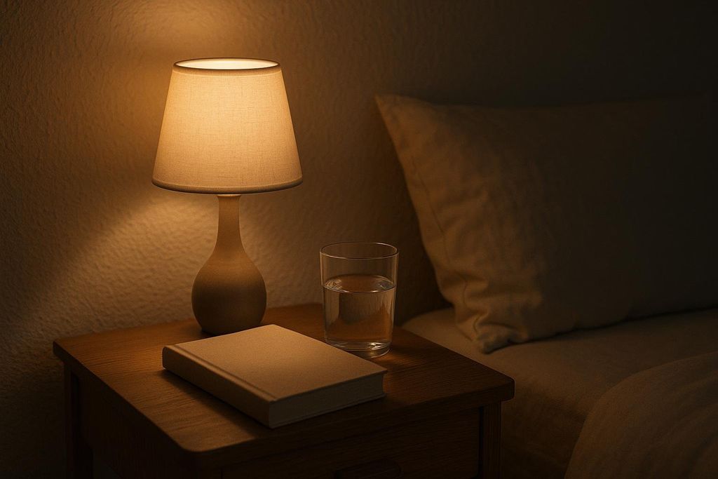 A glowing bedside lamp casts a warm light over a book and a glass of water on a wooden nightstand, next to a bed with a pillow.