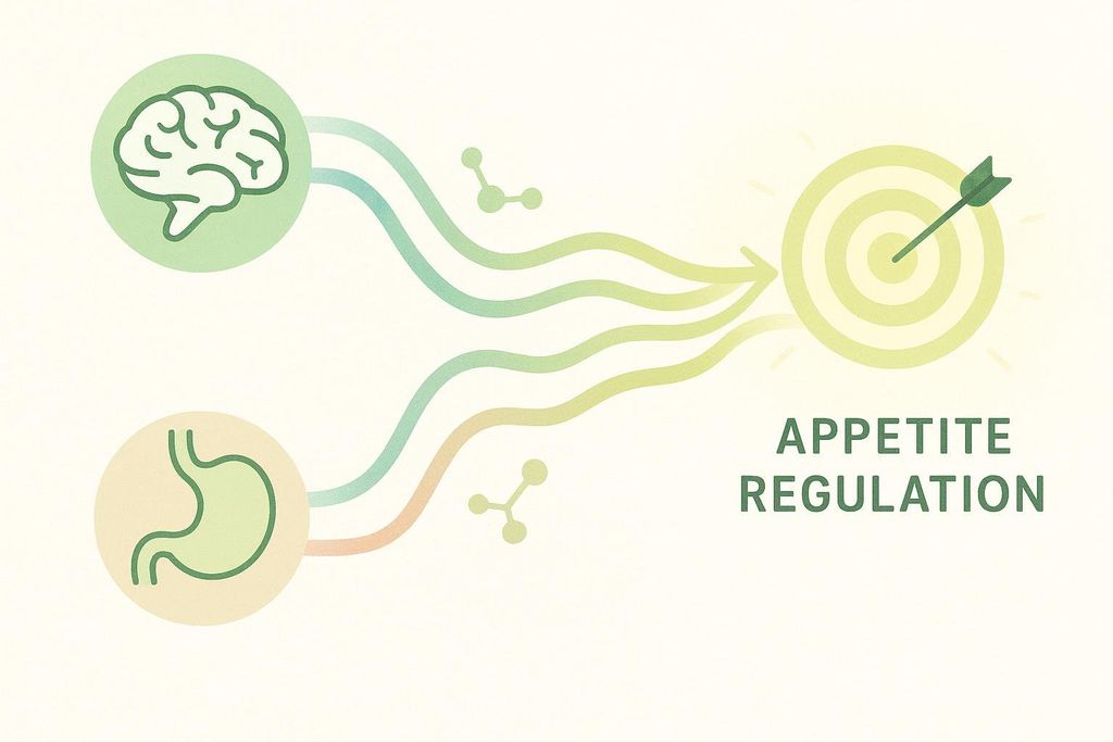 An abstract illustration depicting the brain and stomach as two distinct origins. Wavy lines emanate from each, symbolizing pathways. These lines converge towards a central target representing 'Appetite Regulation', with an arrow hitting the bullseye.