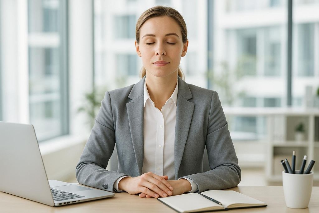 A businesswoman in a grey suit and white shirt sits at her desk with her eyes closed and hands clasped, appearing to meditate or take a moment of calm. A laptop, open notebook, and pen holder are on the desk beside her.