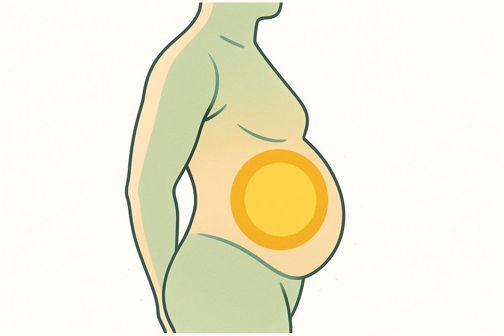 An abstract profile illustration of a human torso, showing a rounded abdomen with a bright yellow, circular shape highlighted in the center, suggesting internal organs or a specific area of focus.