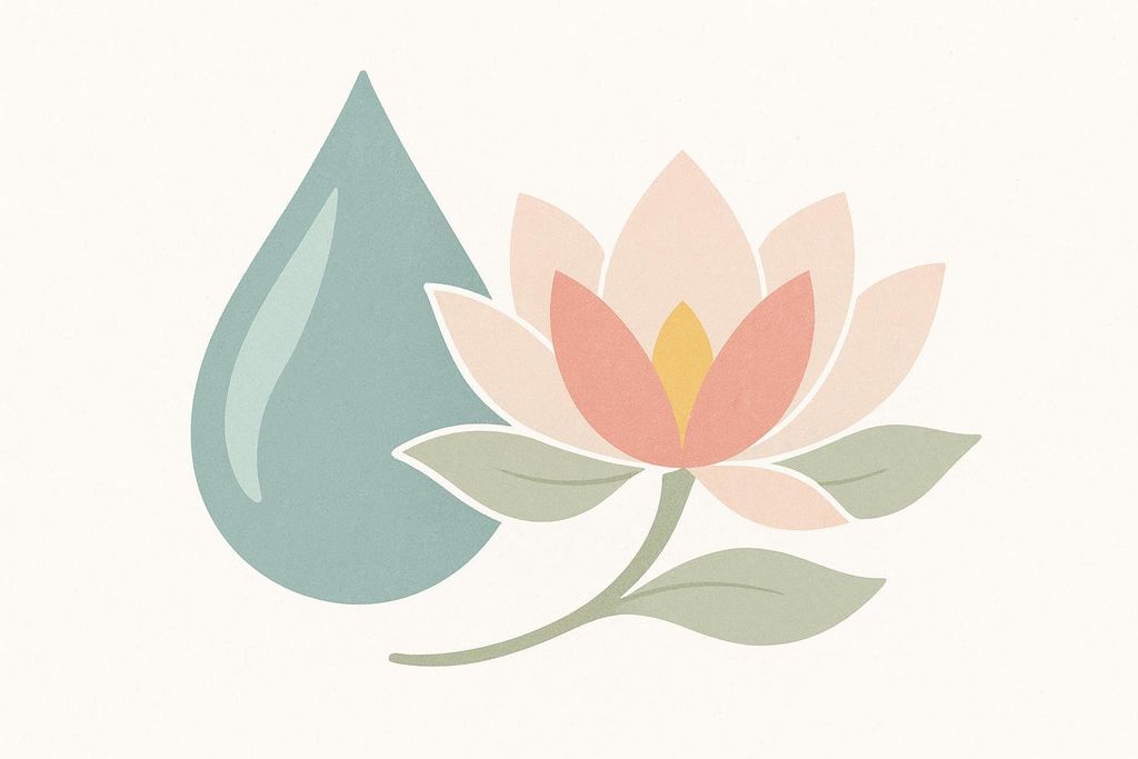 An abstract illustration featuring a large blue-green water droplet next to a light pink and coral lotus flower with pale green leaves and a yellow center, all on a cream background with a subtle textured effect.