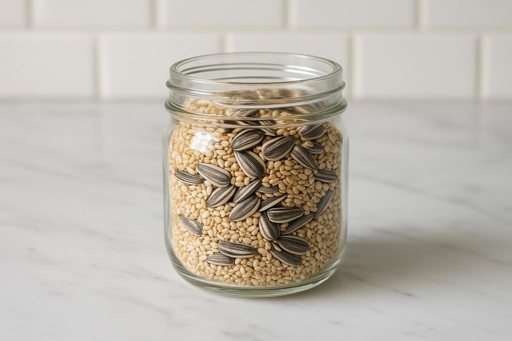 A clear glass jar is filled with a mixture of tiny, pale sesame seeds and larger, striped sunflower seeds. The jar sits on a light-colored, possibly marble, countertop with white subway tiles in the background.