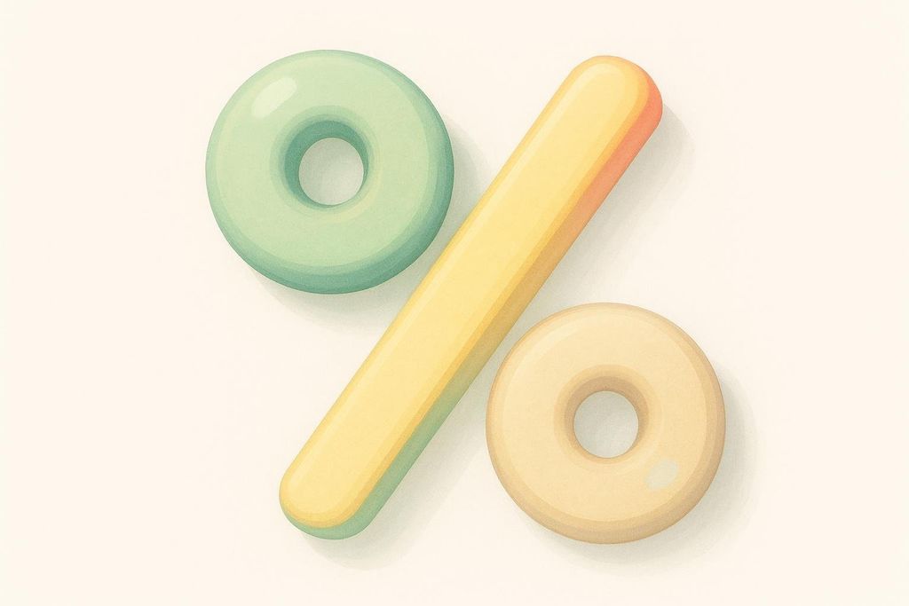 A percent sign with a 3D effect, featuring a light green circle at the top, a yellow to orange gradient bar in the middle, and a beige circle at the bottom, all against a cream-colored background.