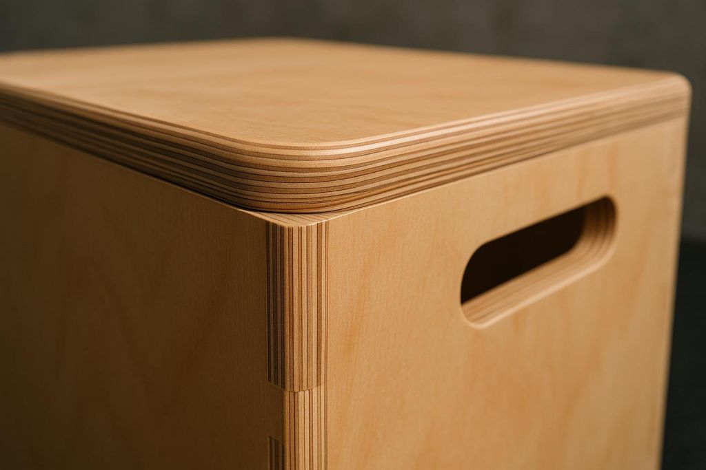 Close-up on the corner of a well-made wooden plyo box, highlighting its rounded edges and strong construction, including visible layers of plywood.