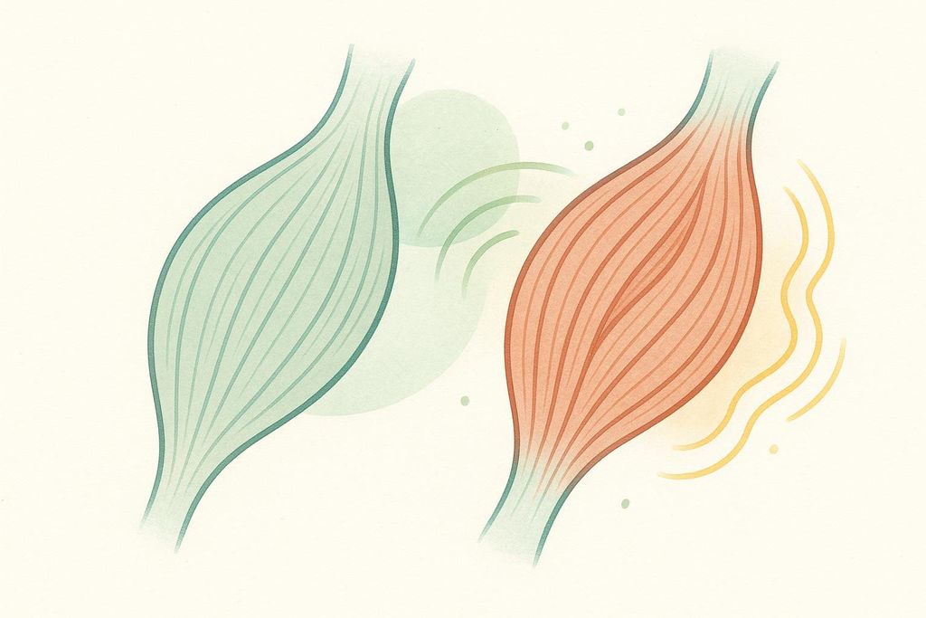 An illustration comparing two muscles. The muscle on the left is green and represents a passive, static muscle. The muscle on the right is orange-red and surrounded by yellow wavy lines, indicating an active contraction.