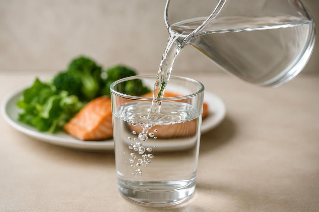 Water is being poured from a glass pitcher into a clear glass. A healthy meal of salmon and broccoli is blurred in the background.