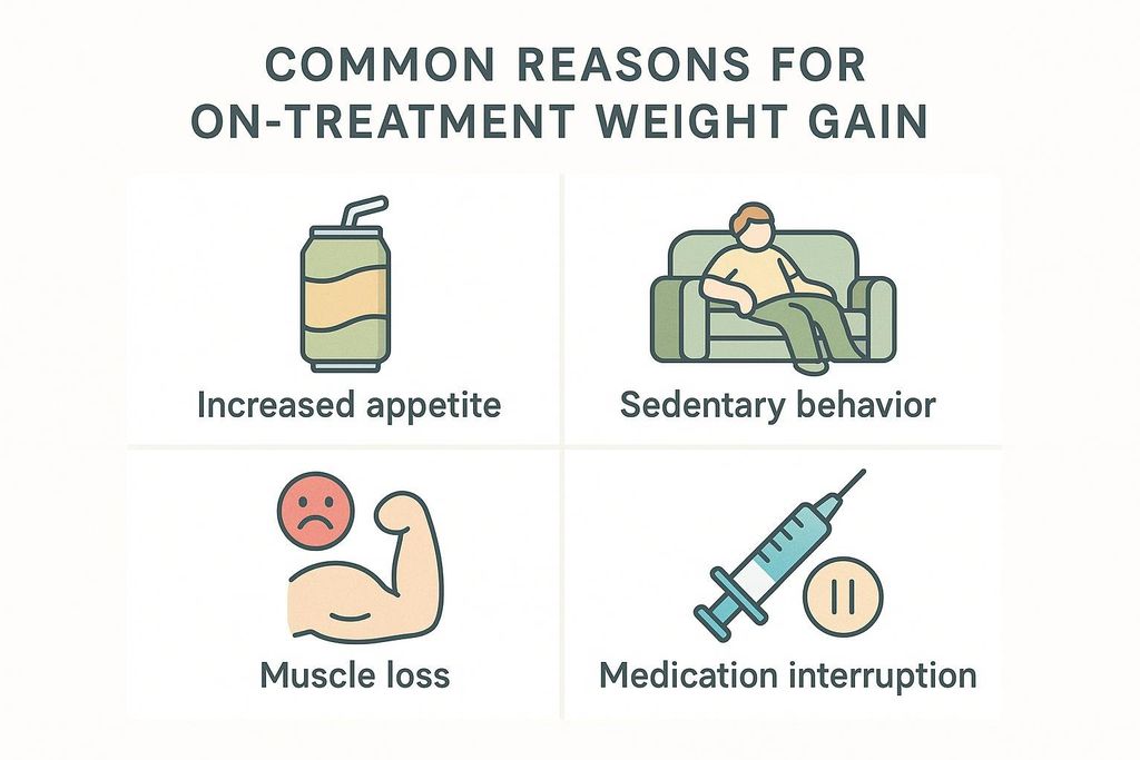 Infographic illustrating four common reasons for weight gain during medical treatment: increased appetite, sedentary behavior, muscle loss, and medication interruption.