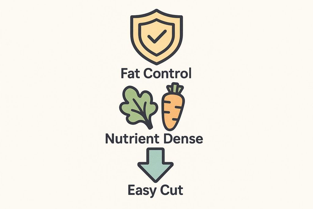 An infographic illustrating the benefits of a lean bulk with three icons and text. The top icon is a shield with a checkmark, labeled "Fat Control". The middle icons are a leafy green and a carrot, labeled "Nutrient Dense". The bottom icon is a downward-pointing arrow, labeled "Easy Cut".