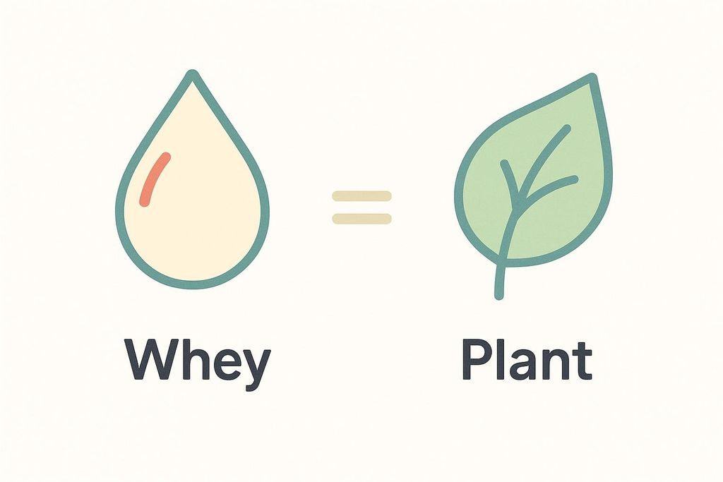 A vector graphic illustrating the comparison between whey and plant protein, with a droplet symbol representing whey protein and a leaf symbol representing plant protein. An equals sign is placed between them, indicating that they are considered equal in benefit.