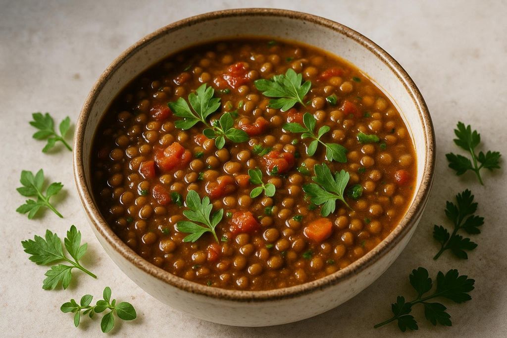 Hearty bowl of lentil stew.