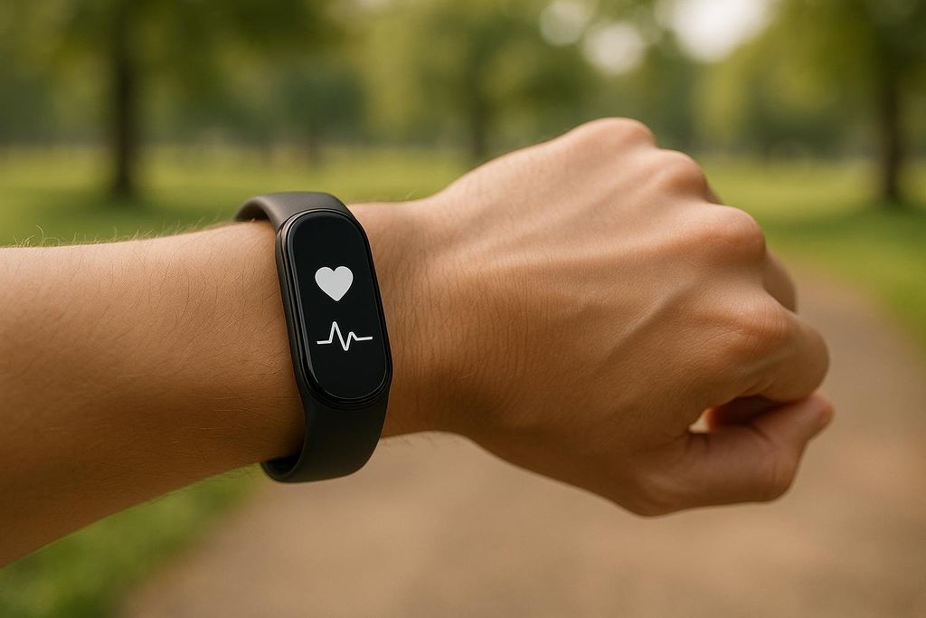 Close-up of a person's wrist wearing a black fitness tracker that displays a white heart icon and a heart rate graph on its screen. The background is a blurred outdoor path with green foliage.