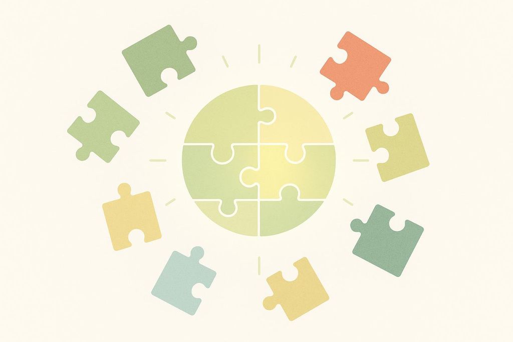 An illustration of a circular puzzle completed in the center, glowing with a light yellow gradient. Eight additional, individual puzzle pieces in various pastel colors (green, light yellow, orange, blue) are scattered around the glowing center, as if orbiting it.