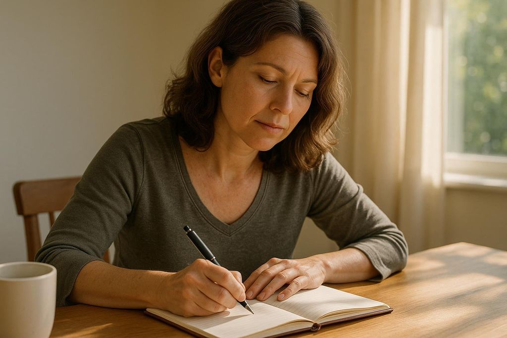 A middle-aged woman with brown wavy hair, wearing a long-sleeved gray top, calmly writes in a journal with a pen on a wooden table. Sunlight streams from a window on the right, illuminating her and the table. A white mug is visible on the left.
