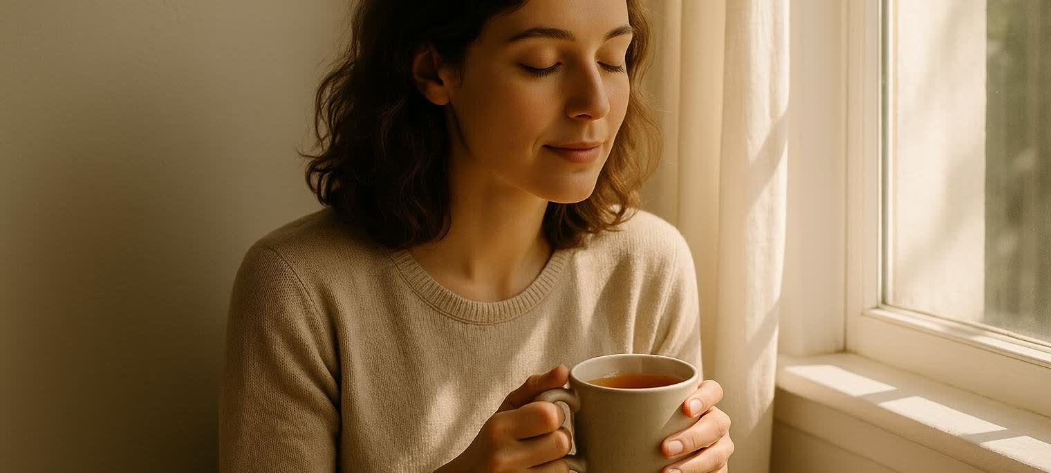 A woman with her eyes closed, wearing a beige sweater, holding a mug of tea, bathed in warm morning sunlight near a window with curtains.