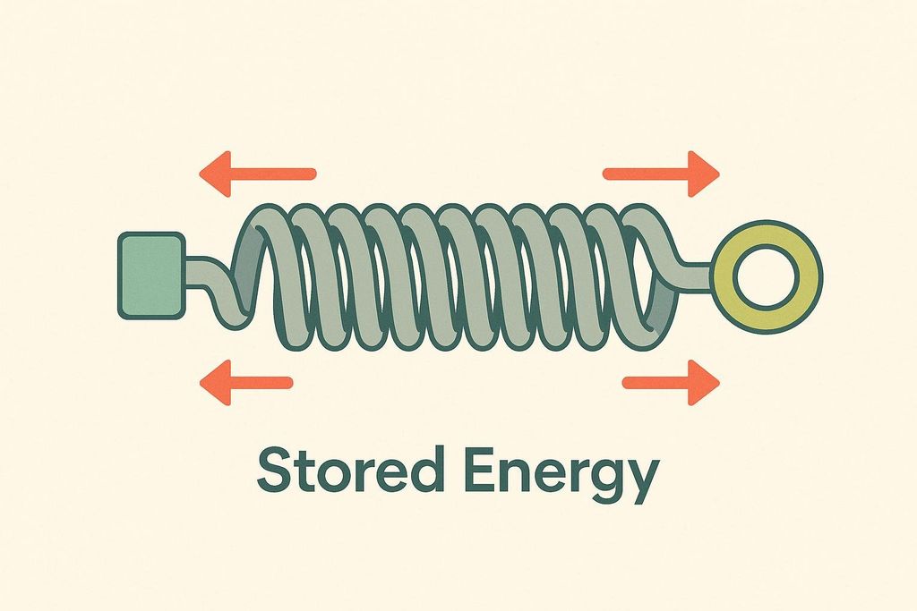 An illustration of a stretched spring with a square anchor on the left and a circular anchor on the right. Red arrows indicate outward pulling force on both ends of the spring. The text 'Stored Energy' is written below the spring.