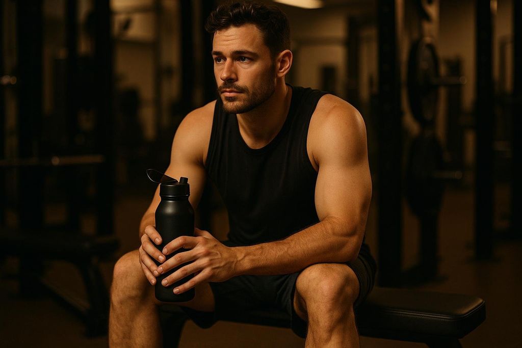 An athletic man with a beard and dark hair, wearing a black tank top and shorts, sitting on a gym bench. He is holding a black water bottle and appears to be resting between sets. The background is dimly lit with gym equipment visible.