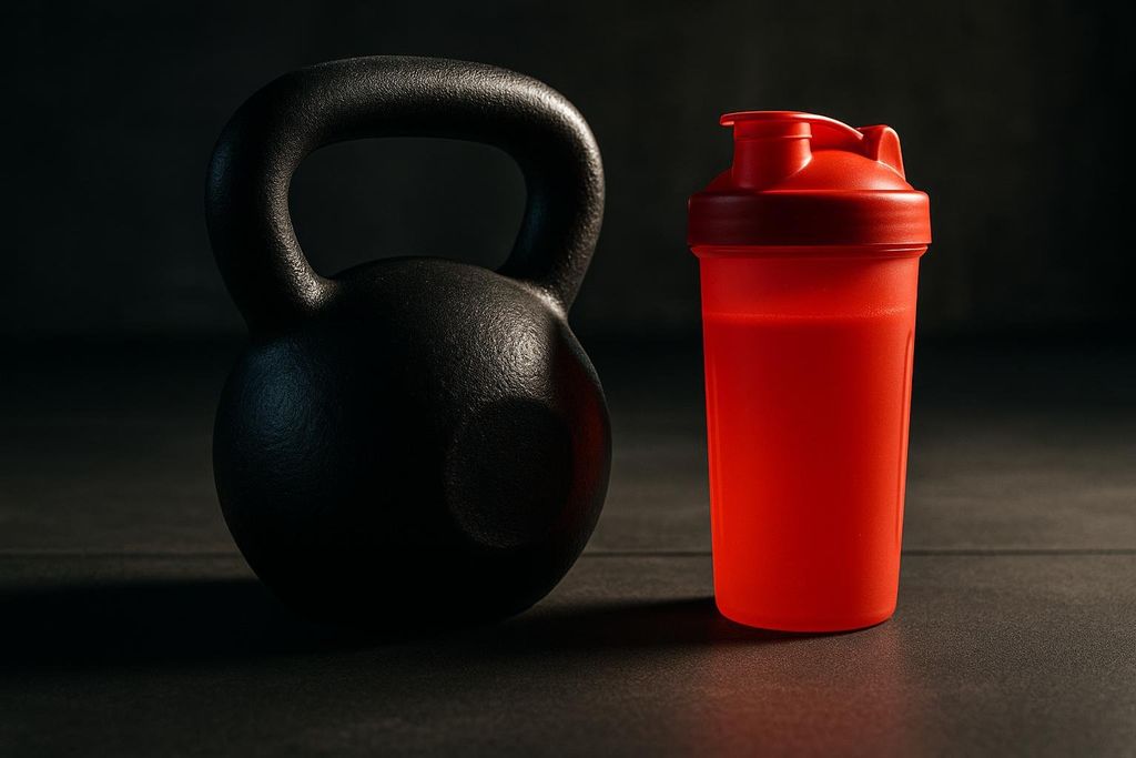 A close-up shot of a black kettlebell next to a vibrant red shaker cup, both resting on a dark gym floor. The lighting creates a dramatic contrast, highlighting the textures of both fitness items.