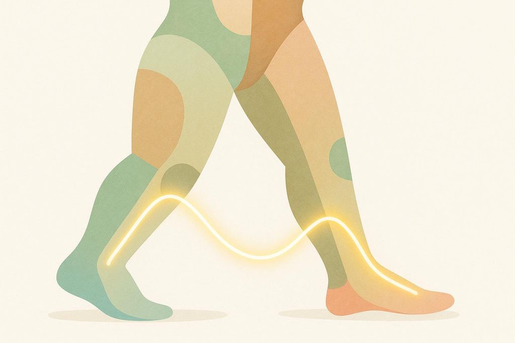 A single electrical line traveling leg to leg on an abstract body form.