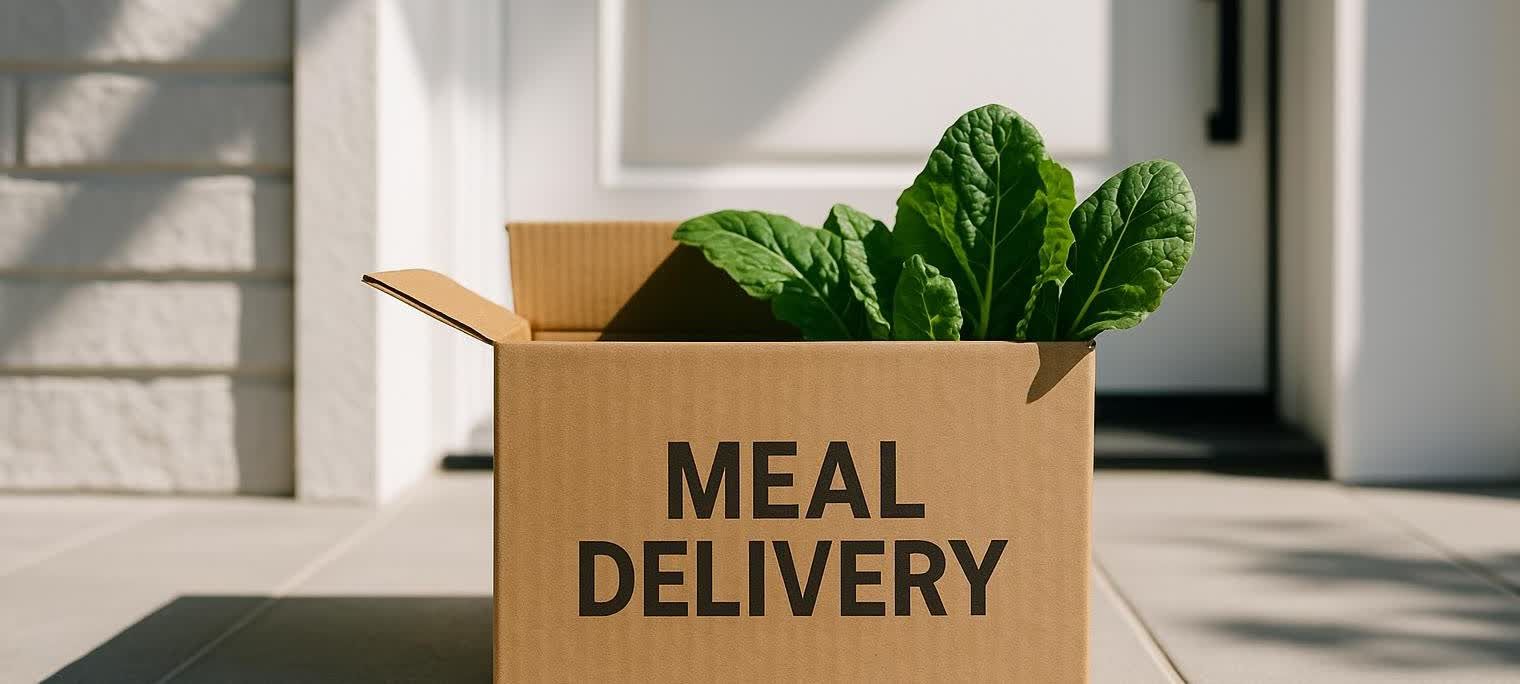 A meal delivery subscription box with green leafy vegetables peaking out, sitting on a front porch in the morning sun.