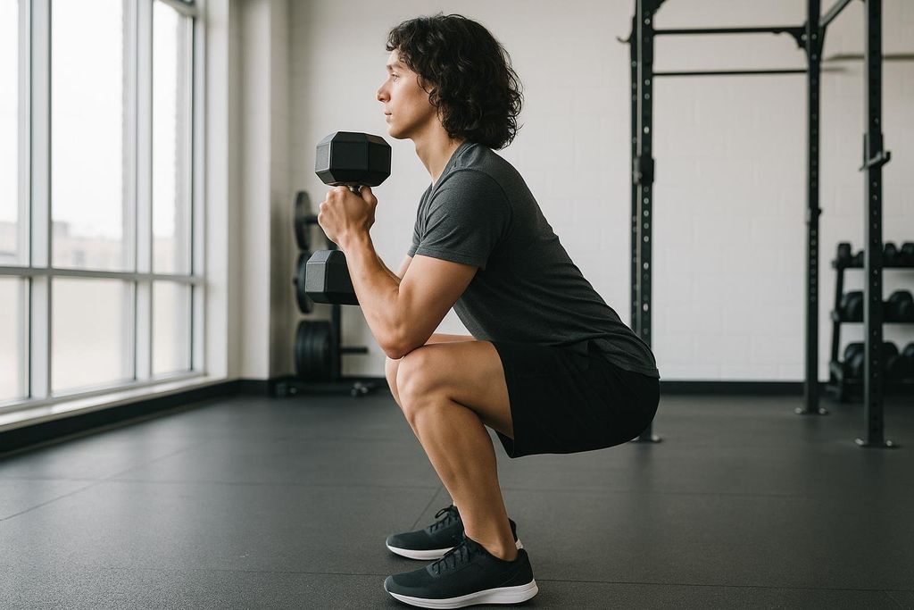 A man with curly brown hair performs a goblet squat in a gym, holding a dumbbell in front of his chest. He is wearing a gray t-shirt and black shorts.