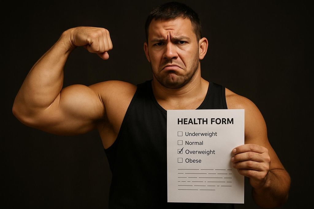 A muscular man flexing his bicep with a frustrated expression, holding a health form that checks the box for 'Overweight', illustrating the limitations of BMI for athletic individuals.