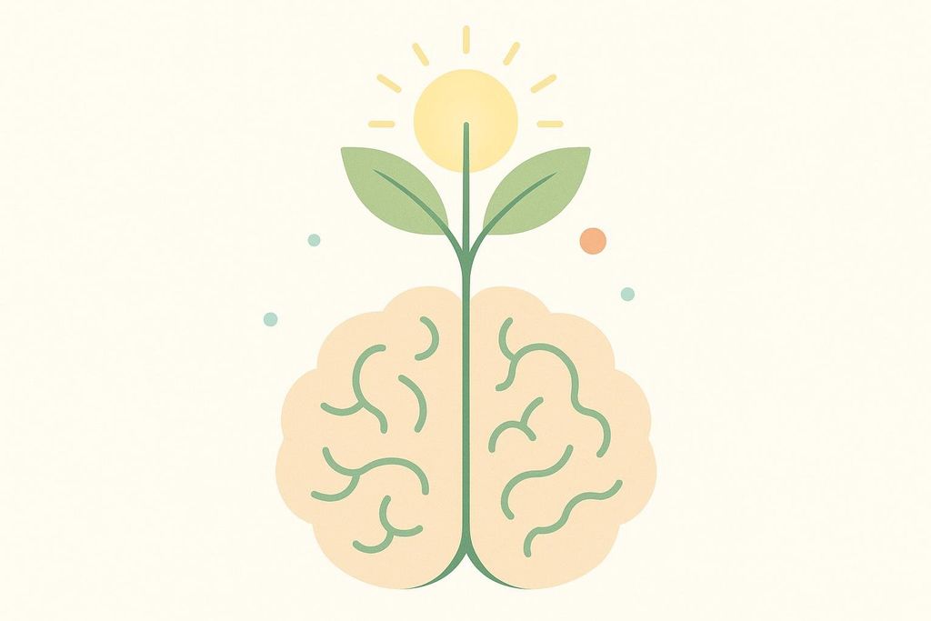A stylized illustration showing a brain with a plant sprouting from its center, topped by a shining sun. This symbolizes growth, learning, and the concept of neuroplasticity.