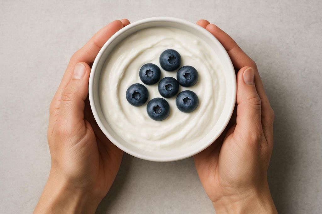 Close-up, top-down shot of two hands holding a white bowl filled with plain Greek yogurt and seven fresh blueberries arranged in a circular pattern on top. The background is a light gray, textured surface.