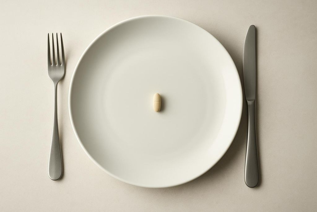 A beige vitamin pill rests in the center of an empty, round white plate, flanked by a shining silver fork on the left and a silver knife on the right. The image suggests the importance of supplements when a full meal is missing.