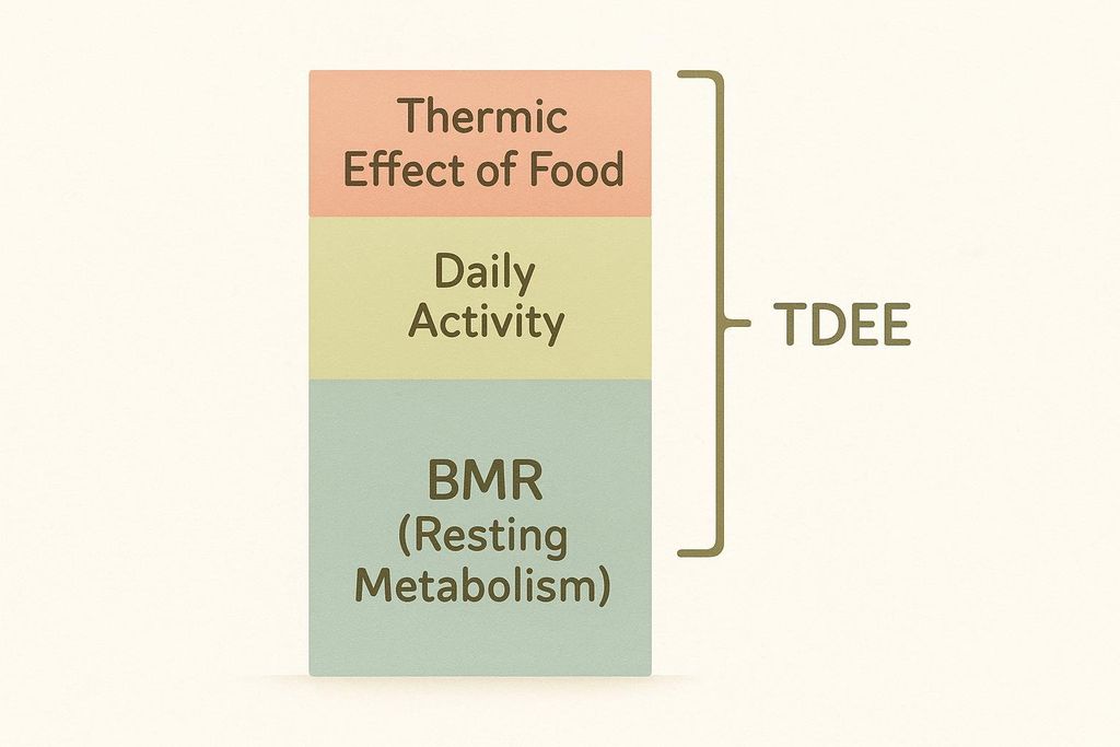 An infographic illustrating how Total Daily Energy Expenditure (TDEE) is calculated as the sum of Basal Metabolic Rate (BMR), daily activity, and the thermic effect of food. The components are shown in stacked blocks labeled BMR (Resting Metabolism), Daily Activity, and Thermic Effect of Food, with a bracket to the side labeled TDEE encompassing all three.