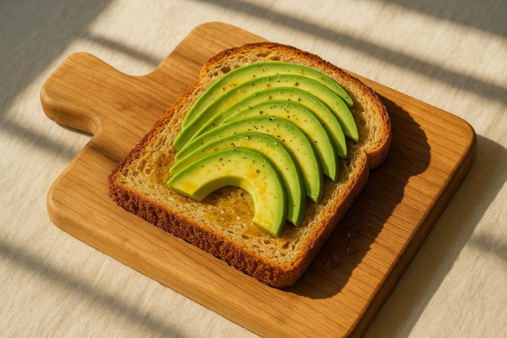 Slices of fresh avocado arranged on a piece of toasted bread, drizzled with olive oil and sprinkled with black pepper, resting on a wooden cutting board.
