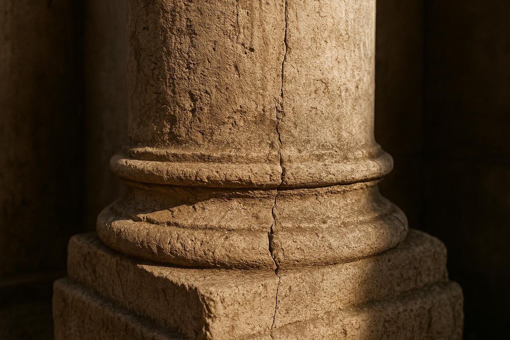 A close-up of the weathered base of a stone column, showing an intricate crack running vertically through its textured surface and decorative moldings. Sunlight illuminates part of the column, contrasting with the dark background.