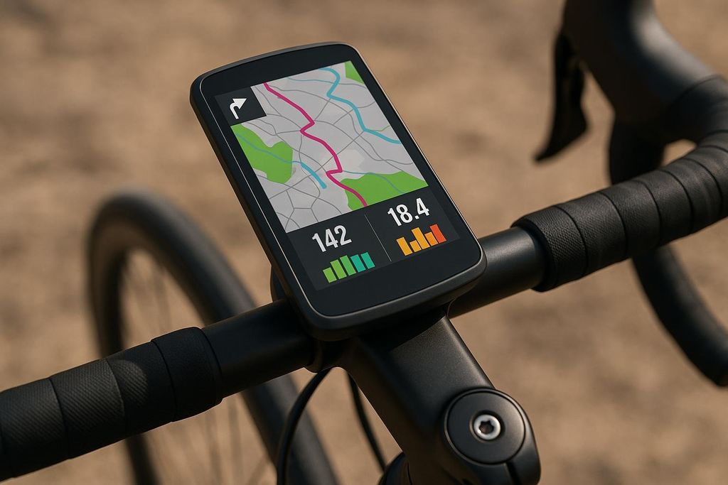 A close-up view of a modern bike computer mounted on handlebars, displaying a colorful GPS map along with numerical performance data and progress bars. The background shows a blurry bike wheel and a dirt path.