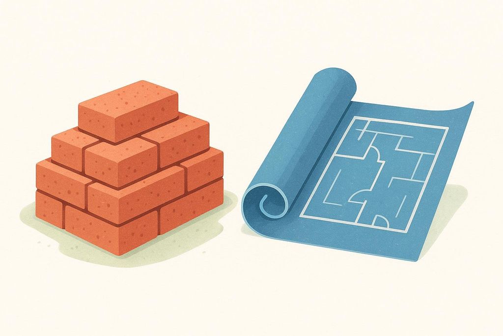 Illustration comparing a stack of bricks to a rolled-out blueprint, symbolizing macronutrients versus micronutrients in nutrition.