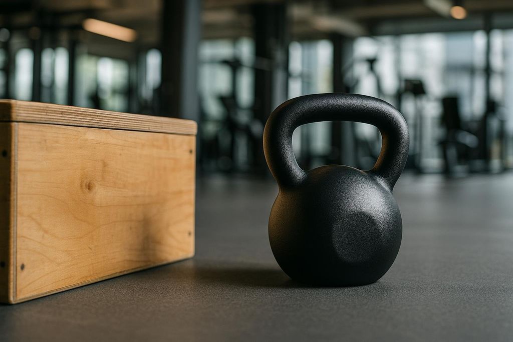 A close-up shot of a black kettlebell on the floor next to a light wooden box in a blurred gym setting.