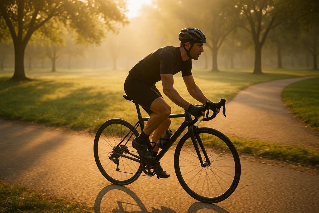 A male cyclist in a black kit and helmet rides a road bike on a paved path through a park. The morning sun casts a warm, golden glow on the scene, with trees and grass visible in the background.