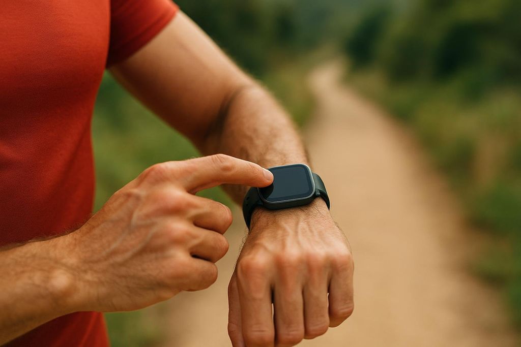 A close-up of a person's arm wearing a fitness smartwatch, with their finger touching the screen. A blurred dirt path and greenery are visible in the background.