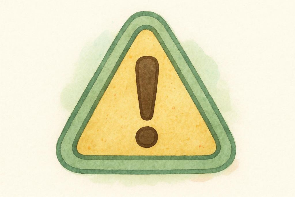 A beige and green watercolor warning icon in the shape of a triangle with an exclamation mark in the center. The icon has a hand-painted, soft texture.