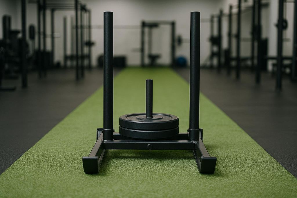 A black heavy-duty prowler push sled, loaded with weight plates, sits on an indoor green turf lane in a gym with dark rubber flooring and workout equipment in the background.