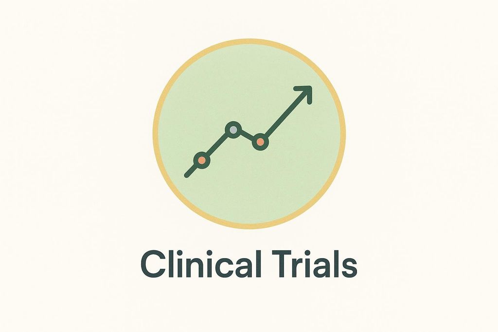 An icon with an upward trending line graph inside a green circle with a yellow border, above the text 'Clinical Trials'.