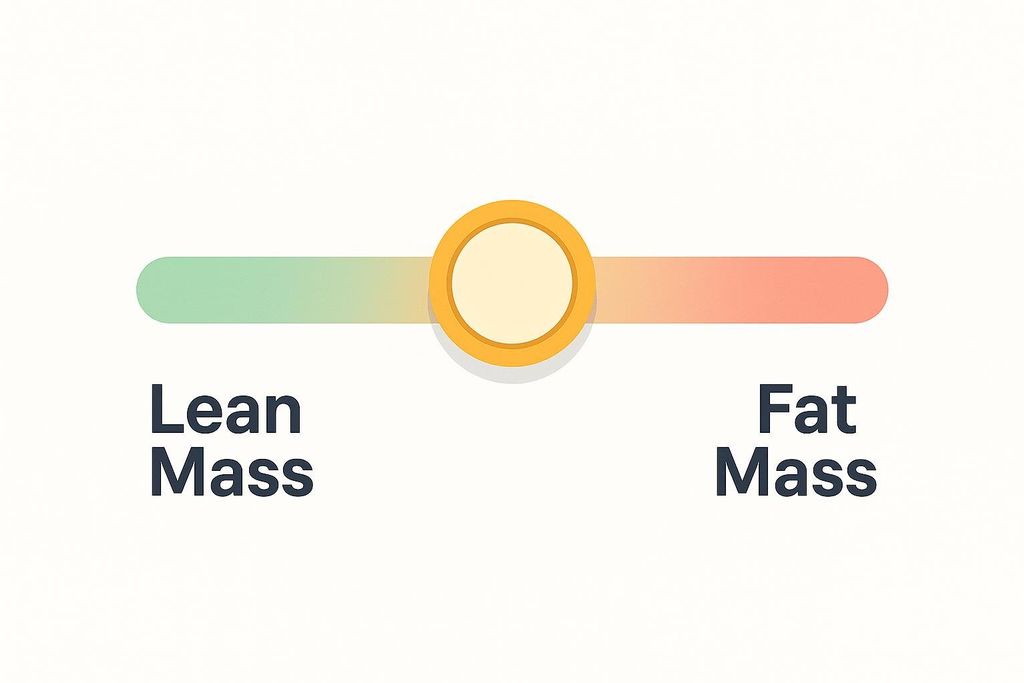A horizontal gauge bar with a green-to-red gradient, indicating a spectrum from 'Lean Mass' on the left to 'Fat Mass' on the right. A yellow circular slider is positioned in the middle, suggesting a neutral or balanced state.