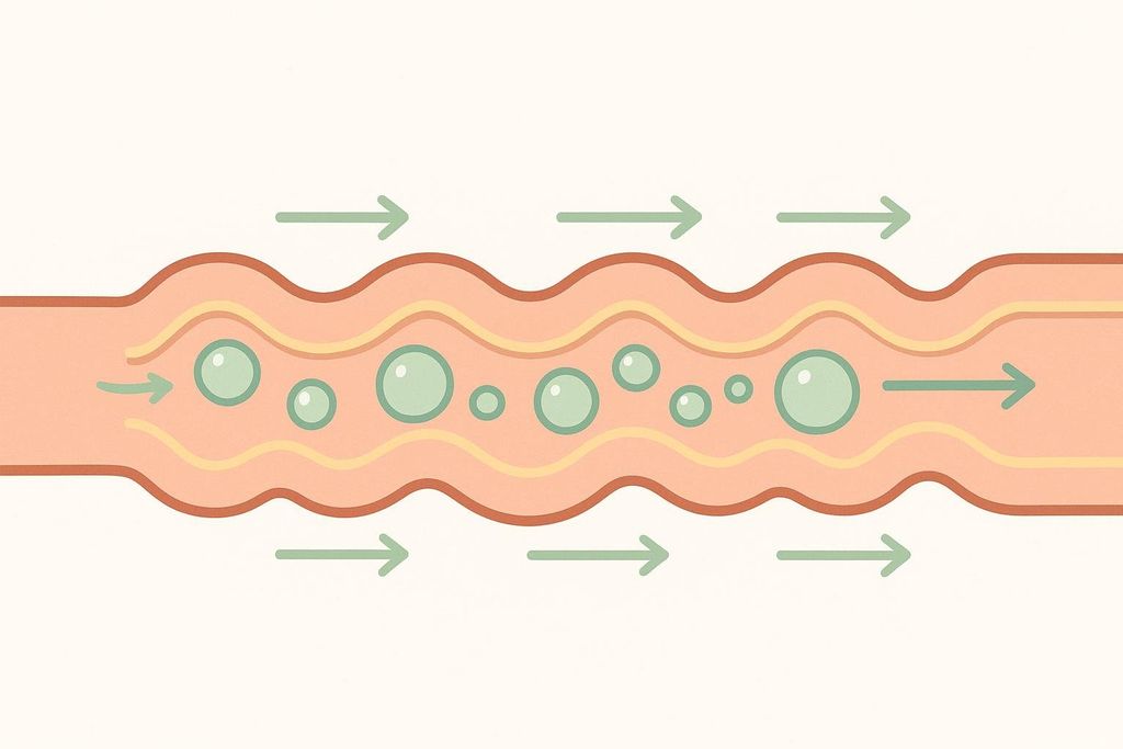 A simplified illustration of the intestine showing gas bubbles moving via peristalsis. The intestinal wall is depicted as a wavy orange tube with yellow layers, and green arrows indicate the direction of movement for both the gas bubbles and the peristaltic waves.