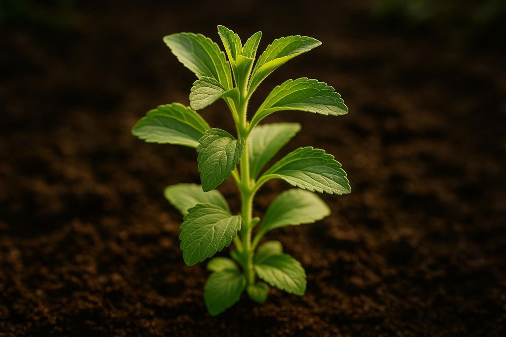 Close-up of a fresh green stevia plant growing vertically in dark soil, with light illuminating the top leaves.