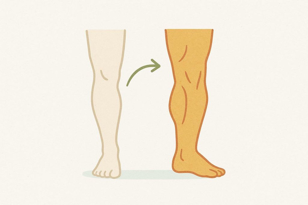 An abstract illustration depicting muscle balance and development. A slim, light-toned leg on the left is shown next to a larger, muscular, dark-toned leg on the right, with a curved arrow pointing from the smaller leg to the larger one, symbolizing progress and growth.