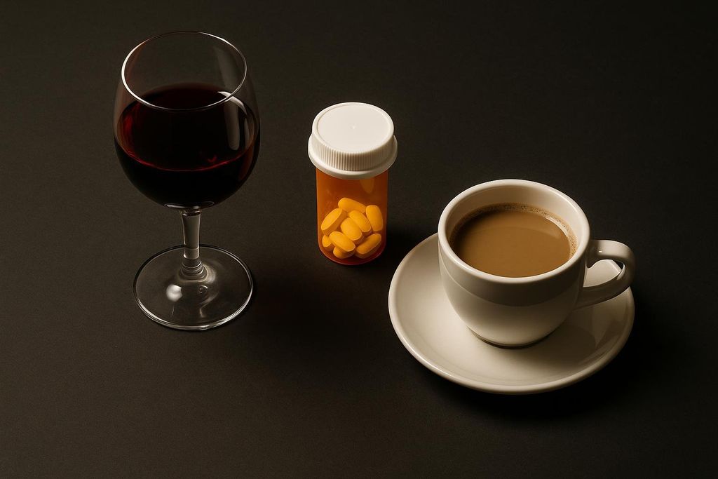 A dark table holds a glass of red wine, a prescription bottle filled with yellow pills, and a white coffee cup and saucer with coffee. These items represent habits or choices.